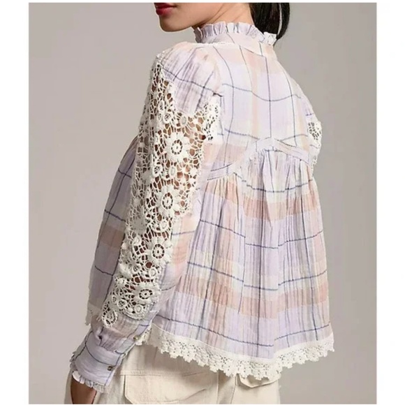NWT Anthropologie PILCRO Purple Lavender Haze Plaid Crochet Sleeves Blouse - Picture 6 of 11